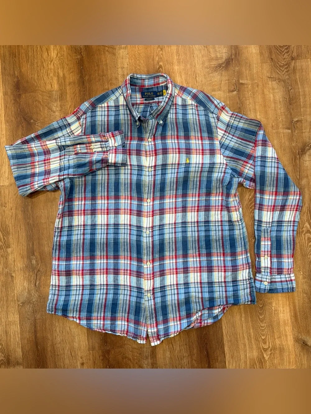 Polo Ralph Lauren 100% Linen Shirt Mens 2XL Plaid Long Sleeve Button Down Casual